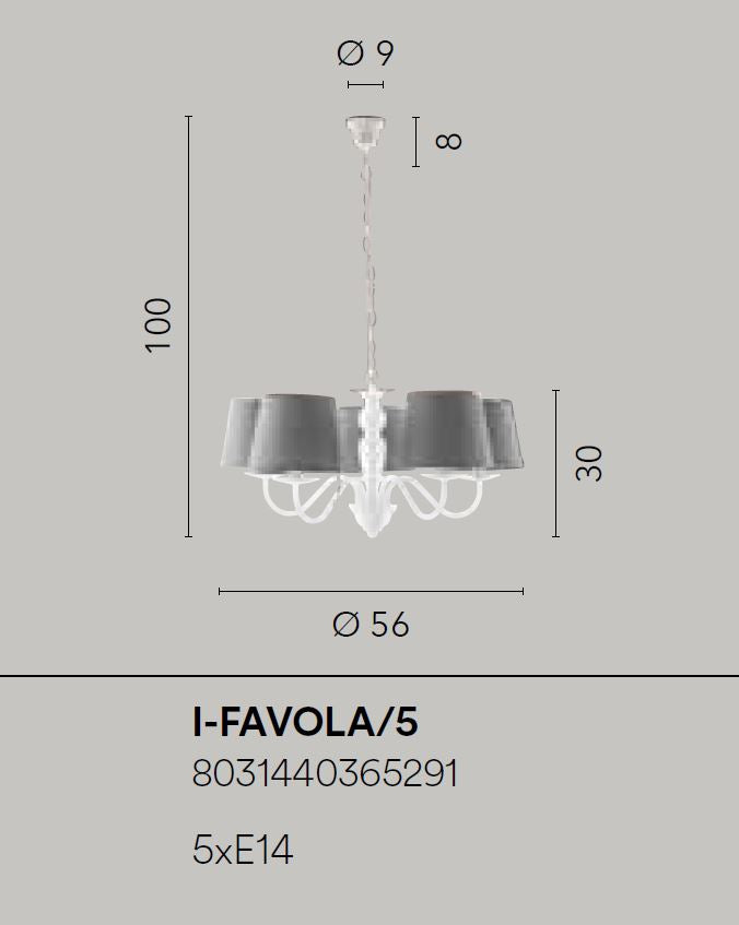 Sospensione 5 luci metallo bianco paralumi tessuto grigio 5XE14 non incl. FAVOLA Sospensione 5 luci metallo bianco paralumi tessuto grigio 5XE14 non incl. FAVOLA